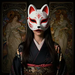 a photorealistic dramatic fantasy render of a beautiful mix nina dobrev wearing a beautiful intricately detailed japanese fox kitsune mask and clasical japanese kimono by wlop, artgerm, greg rutkowski, alphonse mucha, beautiful dynamic dramatic dark moody lighting, shadows, cinematic atmosphere, artstation, concept design art, octane render, 8 k