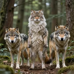 furry cat woman in a forest 8 b 4??? with real wolves