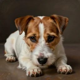 portrait of jack russel terrier sad!!! laying down!!!, illustrated by peggy fortnum and beatrix potter and sir john tenniel
