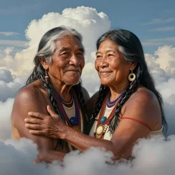 portrait of an indigenous amazonian grandfather and grandmother in the clouds, smiling, protection, benevolence, ancestors, detailed faces, art by greg rutkowski