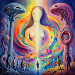 the possibilities of infinite art are overwhelming by georgia o'keeffe and andreas rocha, rainbow iridescent color scheme, mc escher and giger beksinski, craig mullins and pixar, trending on artstation, intricate detailed stunning masterpiece, beautiful lighting, volumetric wonder, powerful emotive