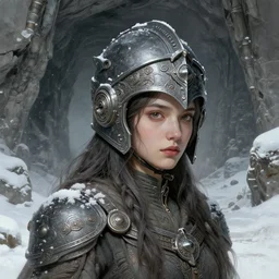a young female humanoid with a large head wearing a helmet in a snowy desolte cave, digital illustration, very detailed, art by tony sart, post - communist era, fantasy art, high quality, intricate, elegant