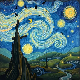 a sending down from him who created the earth and the lofty heavens, overdetailed art, by van gogh, magic