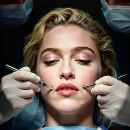 madonna performs cosmetic surgery on her own face with a scalpel. detailed. giger. detailed.