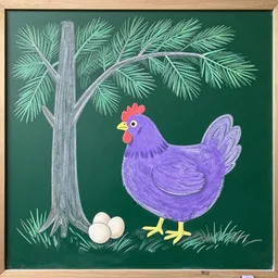 A chalkboard drawing of a purple chicken protecting her eggs underneath a pine tree
