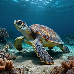 a beautiful turtle under the sea, corals, sand, volumetric light, dramatic, wide angle, intricate, ornate, digital art, 4 k, artistic beautifully, by jim burns and greg rutkowski, john atkinson grimshaw
