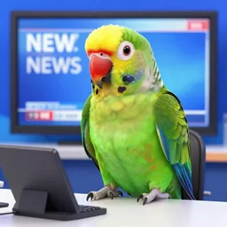 a parrot dressed as a reporter reporting the news on tv