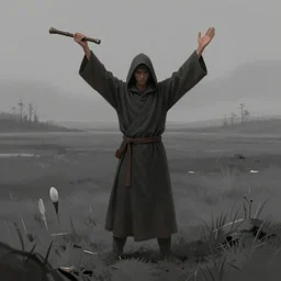 hooded robed man standing in grey marshland, arms raised over head holding short staff, trending on artstation, digital art ( by tomasz jedruszek ) ( by senfeng chen ) ( by lorenzo lanfranconi )