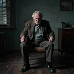angry old man in chair inside a dark house, surrealism