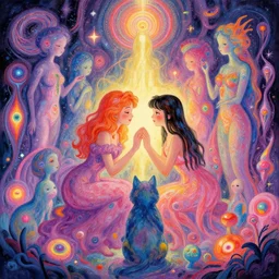 a psychedelic realm where astral beings share love = greg rutkowski = wlop = lisa frank = bob ross = ruan jia = illustration