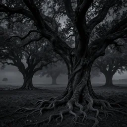in the black storm, gnarled trees on a darkling plain, tree roots, drawn by christan delort and jean gireaud, graphic black and white, low camera, wide angle, centered composition, golden ratio