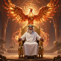 arabian old man on throne chair rising as a phenix + epic wide scene, cinematic lighting, artgerm, artstation, deviantart, 8 k, high detailed