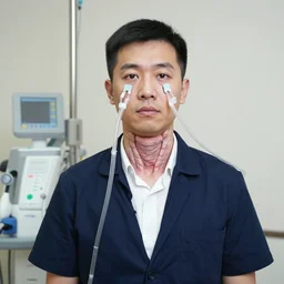 a formal portrait photograph of a salesman attached to a neural dialysis machine. tubes sprawling from his eyes. his neck has mammoth goitre.