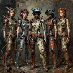 junky women posing, cybertronic gadgets and vr helmet, durty colours, rotten textures, rusty shapes, hard surface, biotechnology, dariusz zawadzki, tim hildebrandt, wayne barlow, bruce pennington, donato giancola, larry elmore, oil on canvas, deep depth field, masterpiece, trending on artstation, featured on pixiv, cinematic composition, hyper - detailed, hd, hdr, 4 k, 8 k