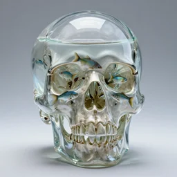 realistic photo of a skull made of glass with fish swimming in it, highly detailed,