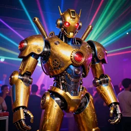scene is elrow party in privilege in ibiza, portrait photo of a giant huge golden and blue metal steampunk robot, with gears and tubes, eyes are glowing red lightbulbs, shiny crisp finish, 3 d render, 8 k, insaneley detailed, fluorescent colors, haluzinogetic, background is multicolored lasershow