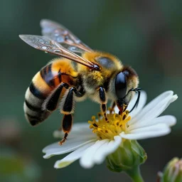 super macro of a ronot bee drinking from a flower in the forest. fantasy horror cyberpunk style. highly detailed 8 k. intricate. nikon d 8 5 0 3 0 0 mm. award winning photography.