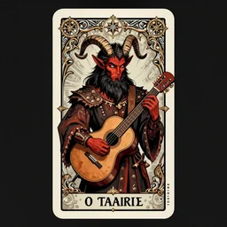 2. 0 tarot card : : ornate, intricate and detailed, rule of thirds, bard, male, face, guitar, music, demon, tiefling, black beard, goat horns, handsome, red skin, medieval fantasy, bow, 8 k render : : style of studio ghibli