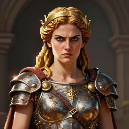 the Greek godess Hera looking angry, rusty armor, portrait, pixel art