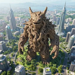 birds eye view of a gigantic drift wood monster looming over a bright and lush futuristic city by
