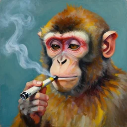 * * an oil painting portrait of a monkey smoking an e cigarette. close up. matte painting, hard edges, bold shapes.