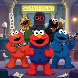 bank heist by sesame street characters, violent, artstation, digital art, guns, ask for money
