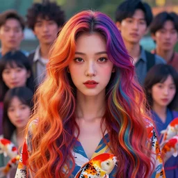 portrait, girl with very long wavy hair, vibrant colors, ( ( ( koi colors ) ) ), octane render, jesper ejsing, james jean, justin gerard, tomasz alen kopera, cgsociety, fenghua zhong, makoto shinkai, highly detailed, rim light, art, face symmetry cinematic lighting, very coherent, hyper realism, 8 k