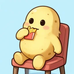 humanoid potato sat on a chair eating fries cartoon