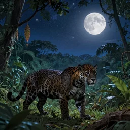 a beautiful realistic portrait of a black jaguar in the jungle hunting at night on the lower half, a starry sky with full moon on the upper half, mysterious atmosphere, vibrant colors, ayahuasca, fantasy art style