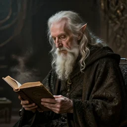 a 1 3 th century, enigmatic, melancholic, fae wizard ( look like ( ( eighty years old christopher lee ) ), is ( ( reading an old book ) ). light dust, magnificent, hyperdetailed, theatrical, painted by renoir