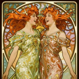 fraternal twins in the wind, boy and girl, enthusiastic and bubbly, cinematic portrait by artgerm, cushart krenz, greg rutkowski, mucha. art nouveau. gloomhaven, gleaming vibrant colors, sharp edges. ultra clear detailed. 8 k. elegant, intricate, octane render