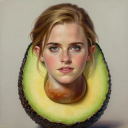 portrait painting of emma watson as an avocado person, sharp focus, award - winning, trending on artstation, masterpiece, highly detailed, intricate. art by rebecca guay