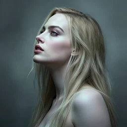 side portrait of margot robbie, looking upward, fantasy artwork, digital art, ethereal, gothic, macabre, grotesque, beautiful, love craft, upper body, volumetric lighting