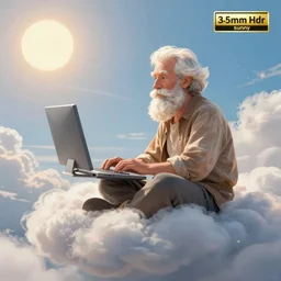 dignital art of a bearded old man sitting on a cloud in the sky using a desktop computer 3 5 mm hdr sunny