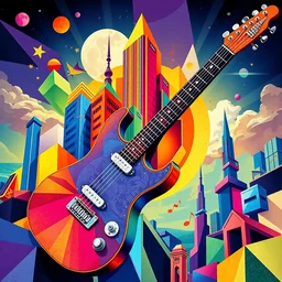 guitar, notes, rainbow geometric architectures blend with organic shapes, pop surrealism, essence of street forms, geometric structures and multicolored prints, colorful, high detail, symmetry, poster