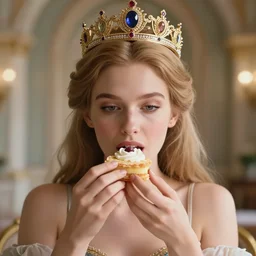 closeup face profile portrait of a fairytale princess wearing a crown eating cakes in the castle, bikini, depth of field, zeiss lens, detailed, symmetrical, centered, fashion photoshoot, by nicoletta ceccoli, mark ryden, lostfish, breathtaking, 8 k resolution, extremely detailed, beautiful, establishing shot, artistic, hyperrealistic, octane render