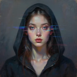 portrait of a hooded beautiful women, mysterious, glitch effects over the eyes, shadows, by Guy Denning, by Johannes Itten, by Russ Mills, centered, glitch art, innocent, hacking effects, chromatic, cyberpunk, color blocking, oil on canvas, concept art, abstract