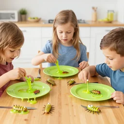 kids are excited to try new slimy bugs for breakfast!