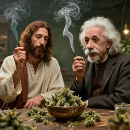 jesus christ and albert einstein smooking weed in the afterlife, wholesome, octane render, hyperdetailed, beautiful, art, by greg rutkowski, trending on artstation