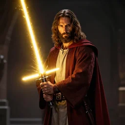full shot photograph of super jesus christ using a cross - shaped gold lightsaber, photorealistic, cinematic lighting, extremely detailed, star wars