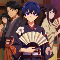young boy with straight indigo hair, purple eyes with red eye markers, slim body, wearing a detailed Japanese kimono with traits of the god Fuujin, holding a pair of fans. rich vivid colors, ambient lighting, dynamic lighting, 4k, official media, anime key visual, makoto shinkai, ilya kuvshinov, lois van baarle, rossdraws, detailed, trending on artstation