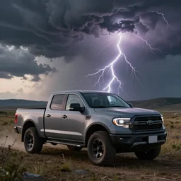 detailed realistic matte pick - up truck in a serene landscape with an eerie dark magic lightning and tornado, by john howe and alexander skold and andreas rocha. vray, raytracing, detailed lighting, volumetric lighting, cinematic lighting, very wide shot, f 8