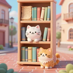 bookshelf with playful siberian cat, brick streets, ancient manuscripts, nordic pastel colors, 3 d art, digital illustration, perfect lighting