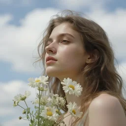 close - up fashion woman portrait airy flowers cloudy sky art by vasnetsov