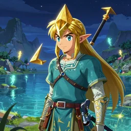portrait of the golden triforce from the legend of zelda in a magical lake, highly detailed, digital painting, artstation, night scene with moutains with glowing sprites, wlop concept art, smooth, sharp focus, illustration, art by dreadjim, craig mullins and greg rutkowski, 8 k