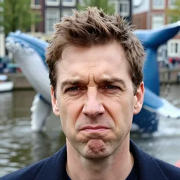 closeup portrait of a not amused man with, background blue whale in an amsterdam canal, photograph, natural light, sharp, detailed face, magazine, press, photo, steve mccurry, david lazar, canon, nikon, focus