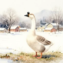 a big mean goose, chinese village, trees, school, snow and winter watercolor, artastation ， soft lighting. by wenjun lin, tony sandoval