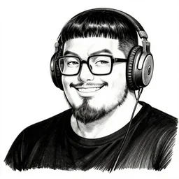 highly detailed ink illustration of a buff smiling man with long stubble, square glasses and black bowl cut, wearing a black tshirt and onear headphones, b & w clean shaped illustration by kim jung gi, ron english and eiichiro oda
