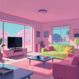 80's-style retro-futurism interior, concept art, digital painting, open floor plan