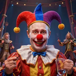 vladimir putin, drunk jester, drunk circus performance, unga bunga, wearing clown nose, horror teeth, fantasy 3 d render, masterpiece, by donato giancola and greg rutkowski and wayne barlow and zdzisław beksinski, realistic face